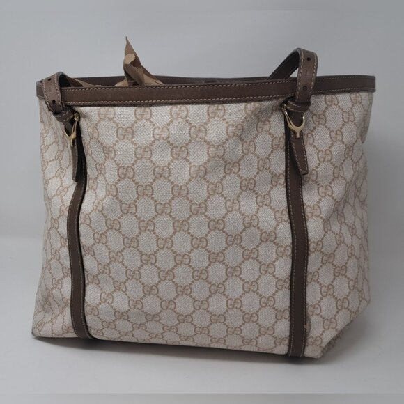 Gucci Women's Bag Tote Satchel Beige Monogram Leather Trim PVC 11.5 x 14.5 - Picture 1 of 16